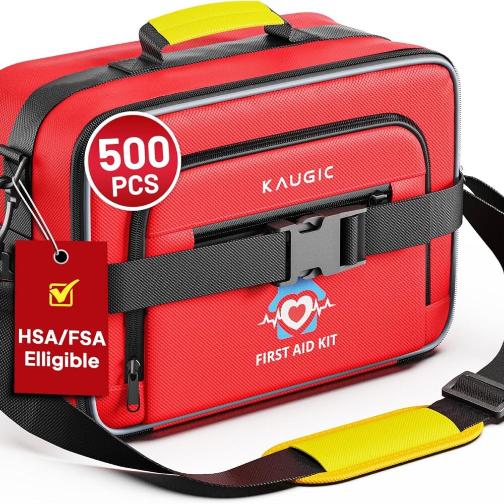 KAUGIC 500PCS First Aid Kit for Travel, Camping, Home | Well-Organized Emergency Kit, Survival & First Aid Supplies, for Car, Business, College Dorm, Office, FSA-HSA